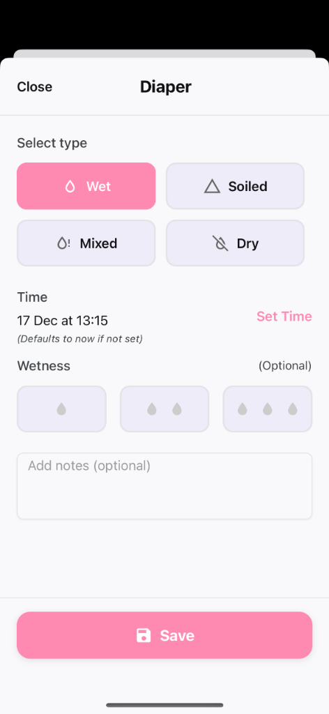 Diaper tracking modal with large touch targets and bottom-positioned save button