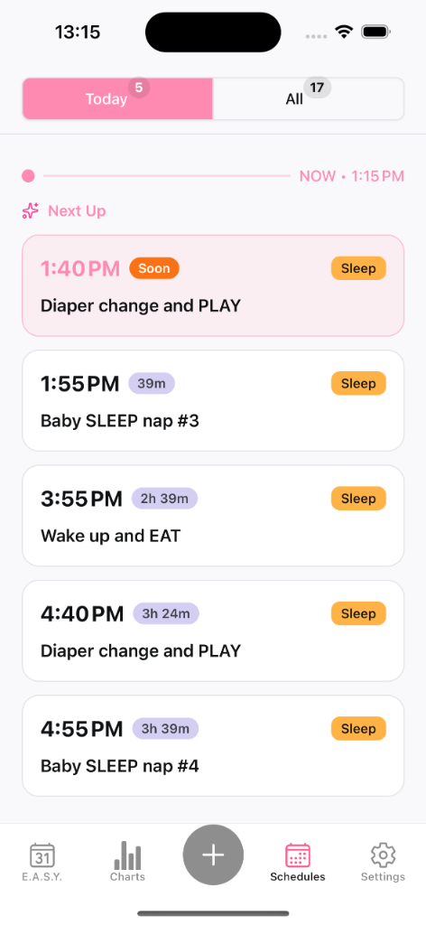 E.A.S.Y. schedule showing timeline with large, thumb-friendly cards